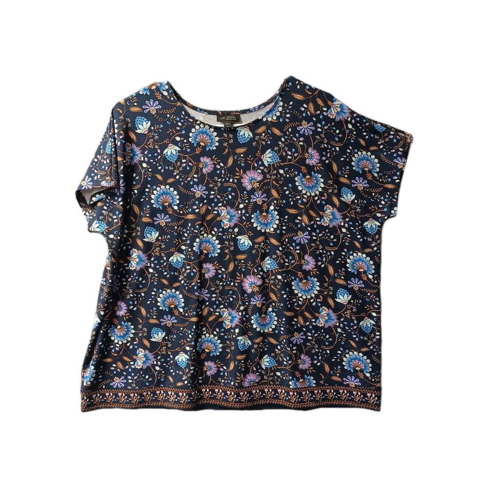 J Jill Large Petite Navy Floral Shirt Wherever Collection Cap Sleeve